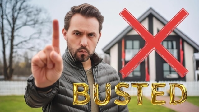 Ein moderner Mann in seinen 30ern mit grimmiger Miene und hebt den Zeigefinger. im Hintergrund ist eine Haus zu sehen. Das Haus ist mit einem roten X durchgestrichen. Der Schriftzug "Busted" ist in goldener Schrift zu sehen.