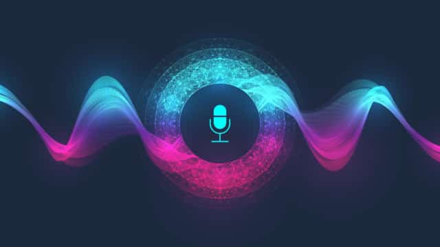 Farbige schallwellen mit Mikrofon symbolisieren Alexa Stimme.